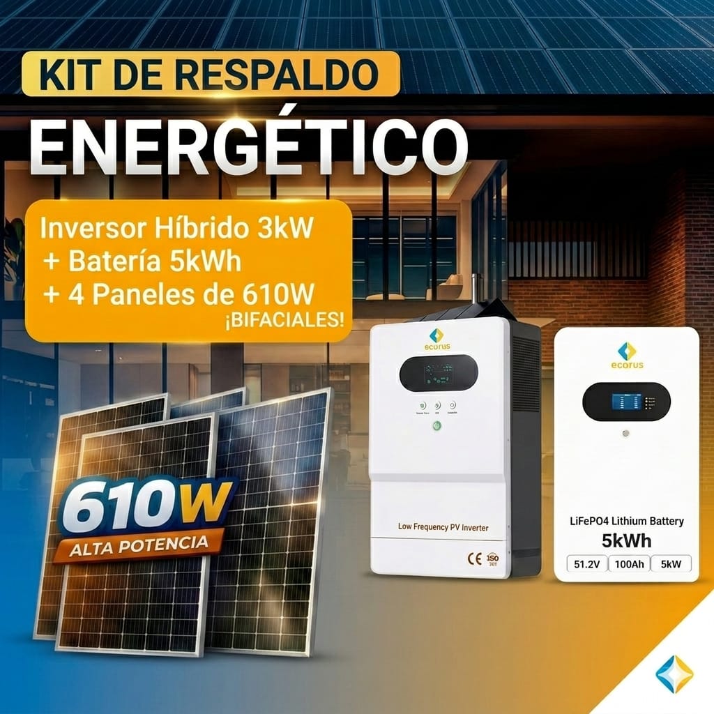 Kit Inversor 3KW con respaldo de Batería de 5KW y 4 Paneles de 610 W Bifacial