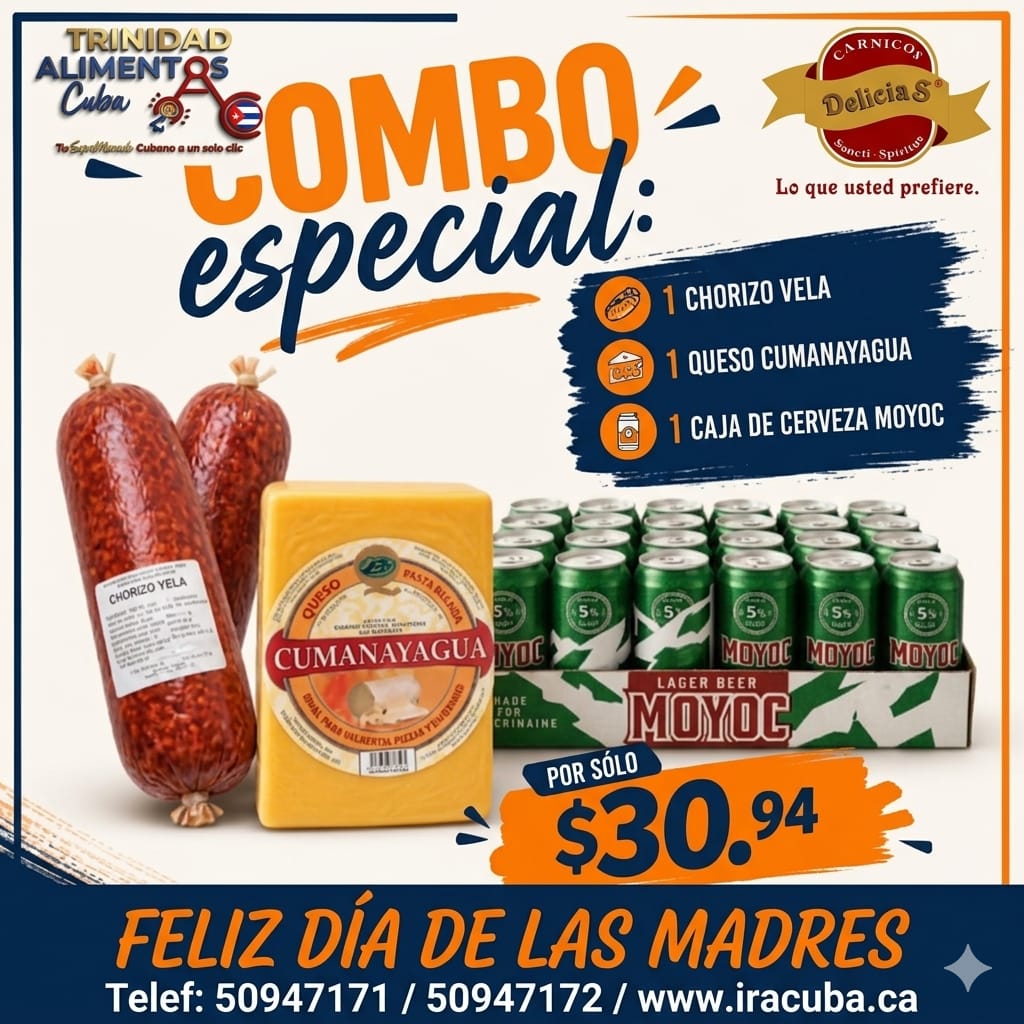 Combo #6.            1 chorizo vela, 1 queso Cumanayagua, 1 caja cerveza Moyoc
