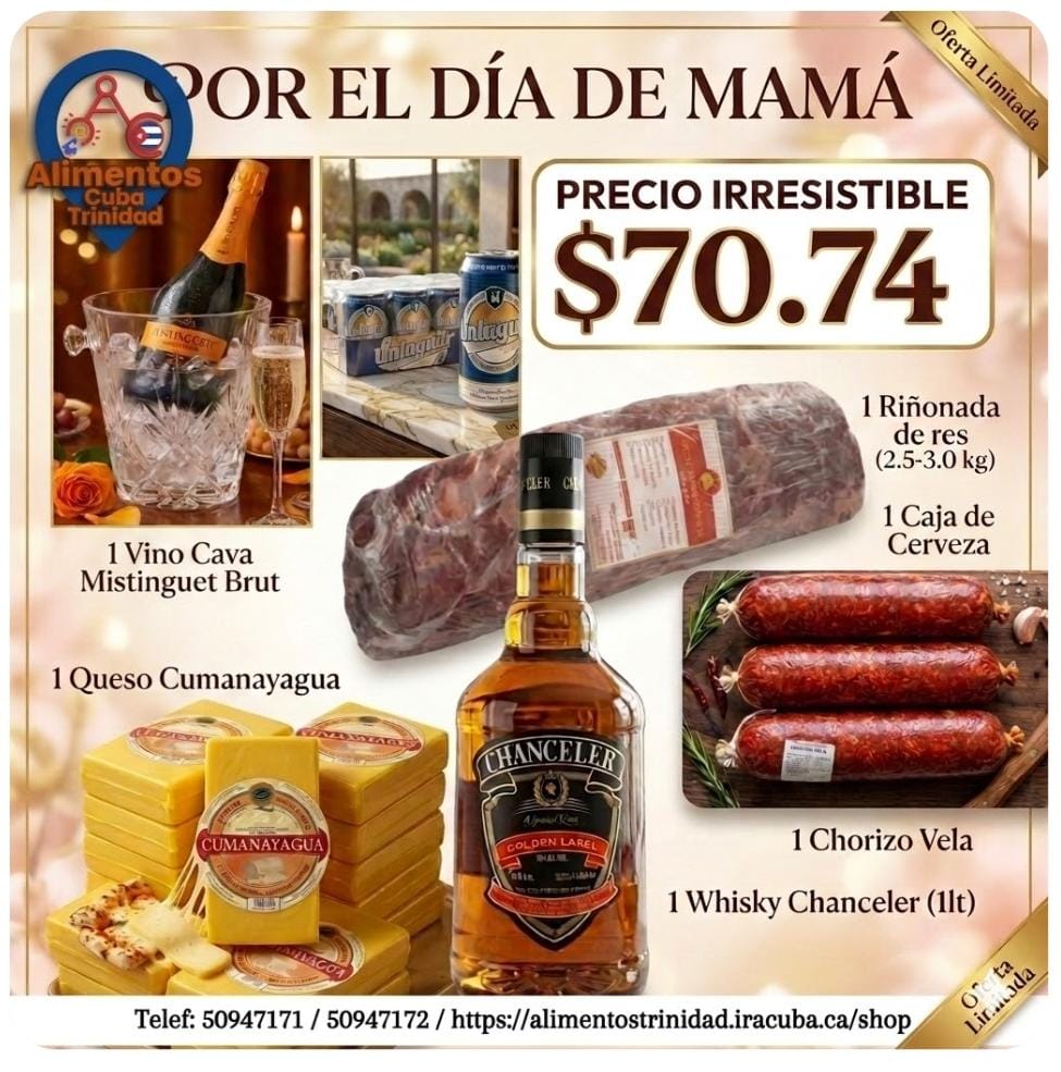 Combo #2.                  1 Whisky Chanceler 1lt, 1 Vino Cava Mistinguet Brut, 1 caja cerveza Unlaguer, 1 queso Cumanayagua, 1 Chorizo Vela y una Riñonada de res (2.5_3.0 kg)