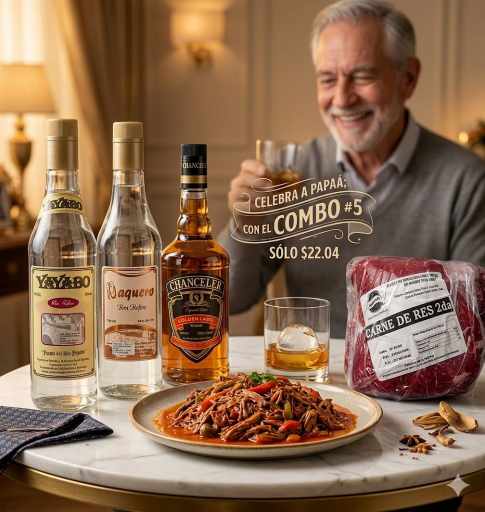 Combo #5 Día de los Padres                                                                   (1 corte de carne de segunda (1.8-2.0 kg), 1 whisky Chanceller 1lt, 1 ron Yayabo 700ml y 1 ron vaquero 700ml)